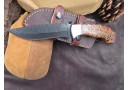 OJI&trade; Premium AUS‑10 Knife &ndash; Pine Cone Handle, Drop Point, Leather Sheath ~ 39813A