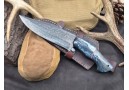 OJI Premium Damascus Knife &ndash; Dyed Bone Handle, Drop Point, Leather Sheath ~ 39811A